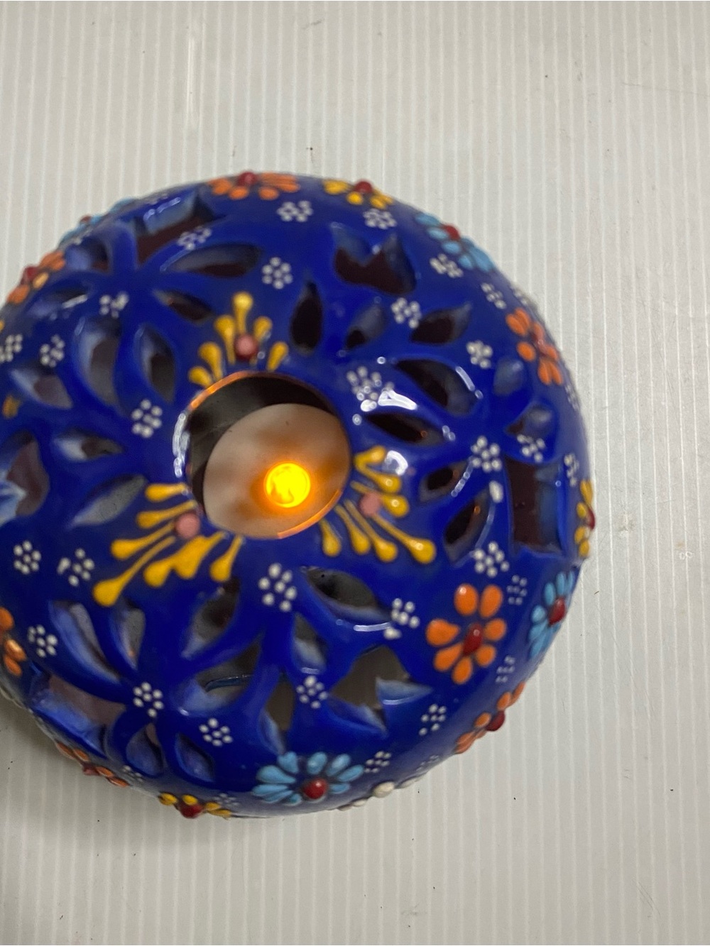 Hand-Painted Blue Floral Ceramic Tea Light Candle Lantern Decorative Home Decor